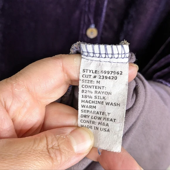 Cut Loose Cut Velvet Button Front Top Medium Purple Silk Blend Lagenlook L/S - Picture 8 of 10